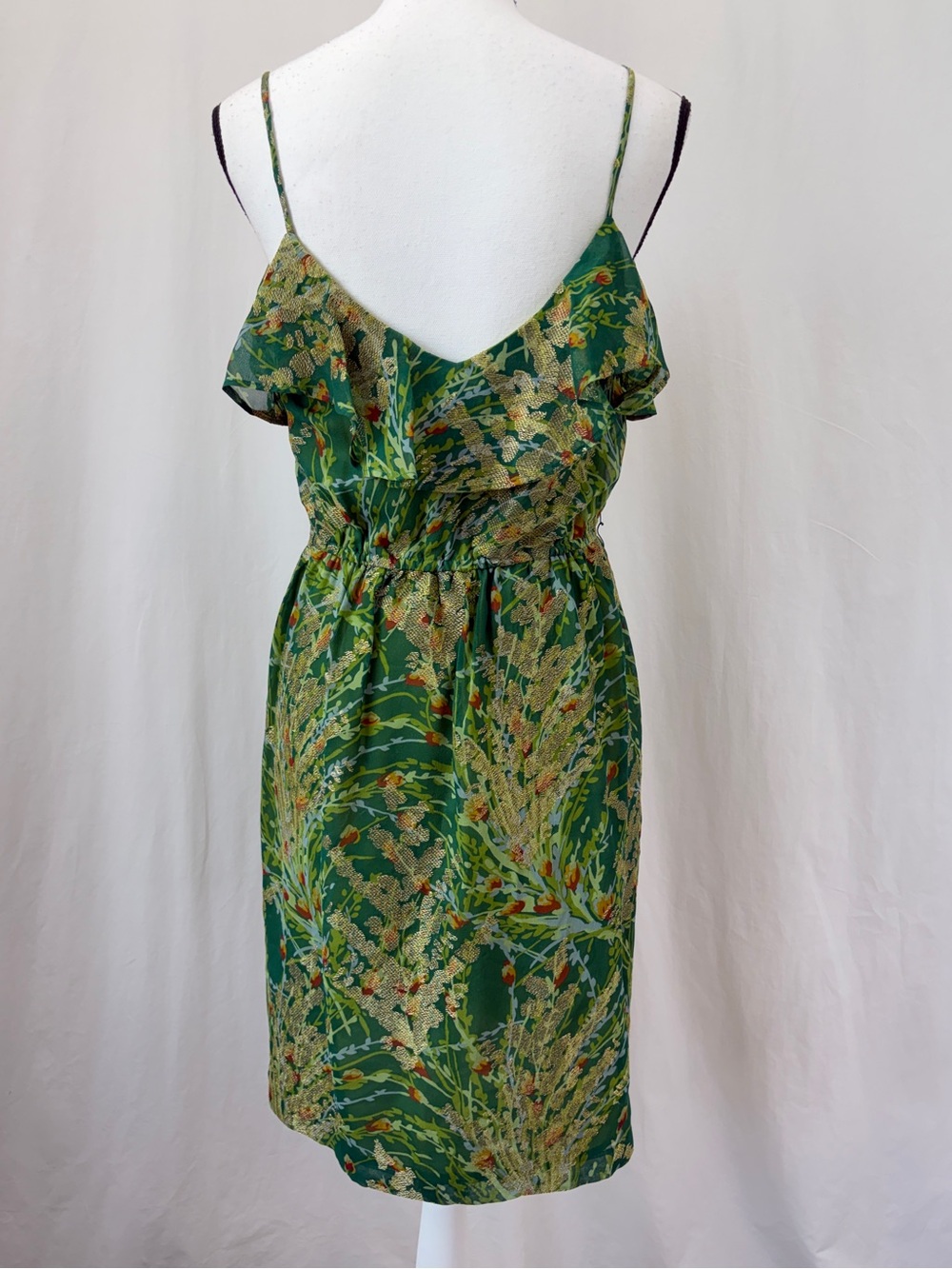 Anthropologie 12th Street 100% Silk Green Gold Ruffle Wedding Guest Dress Medium - Picture 6 of 15
